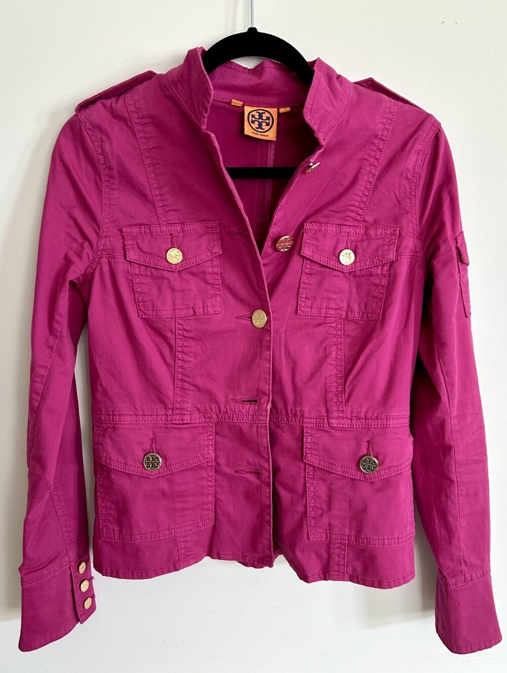Tory Burch Fuchsia Cotton Utility Jacket with Gold-Tone Buttons